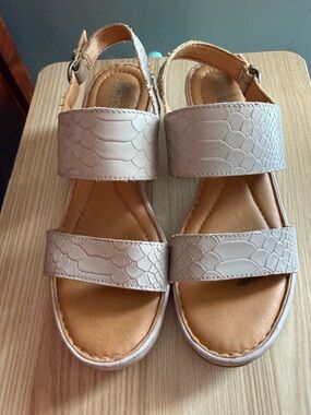 Born Women's Double-Strap Sandals in Taupe Snake-Embossed Leather